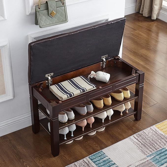 Shoe Storage Bench with Cushion, Entry Bench with Storage Solid Wood Shoe Bench Ideal for Entryway Living Room and Corridor (Brown, 31.5'')