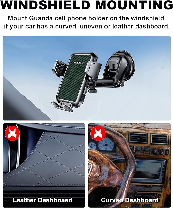 Suction Cup Car Phone Mount for Windshield/Dashboard, Hand Free Mobile Phone Holder for Car, Universal Cell Phone Holder Stand for iPhone 15 14 13 12 Pro Max Samsung Android 【Thick Case Friendly】