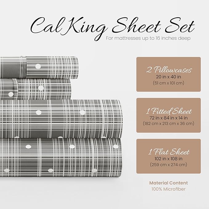 Linen Market Double-Brushed Patterned Microfiber California King Sheet Set 4 Piece – Oeko-TEX Certified Ultra Soft & Wrinkle-Free - 16" Deep Pocket Sheets Easy Care Cal-King Size - Polka Dot Gray