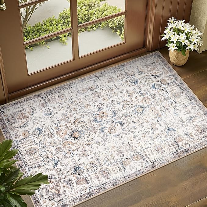 jinchan Kalen Area Rug 2x3 Washable Entryway Rug Vintage Doormat Indoor Entrance Lightweight Thin Retro Distressed Door Mat Floral Print Country Boho Non Slip Carpet for Bathroom Kitchen Bedroom Blue