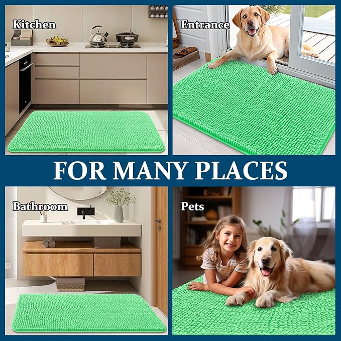 OLANLY Dog Door Mat for Muddy Paws 24x16, Absorbs Moisture and Dirt, Absorbent Non-Slip Washable Doormat, Quick Dry Chenille Mud Mat for Dogs, Entry Indoor Entryway Carpet for Inside Floor, Mint Green