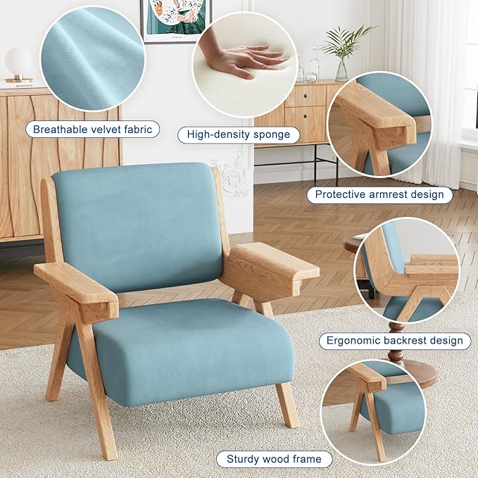 Accent Chair Set of 2, Mid Century Modern Chair, Velvet Upholstered Lounge Arm Chair with Solid Wood, Cozy Seating for Living Room, Bedroom, Balcony (Blue)