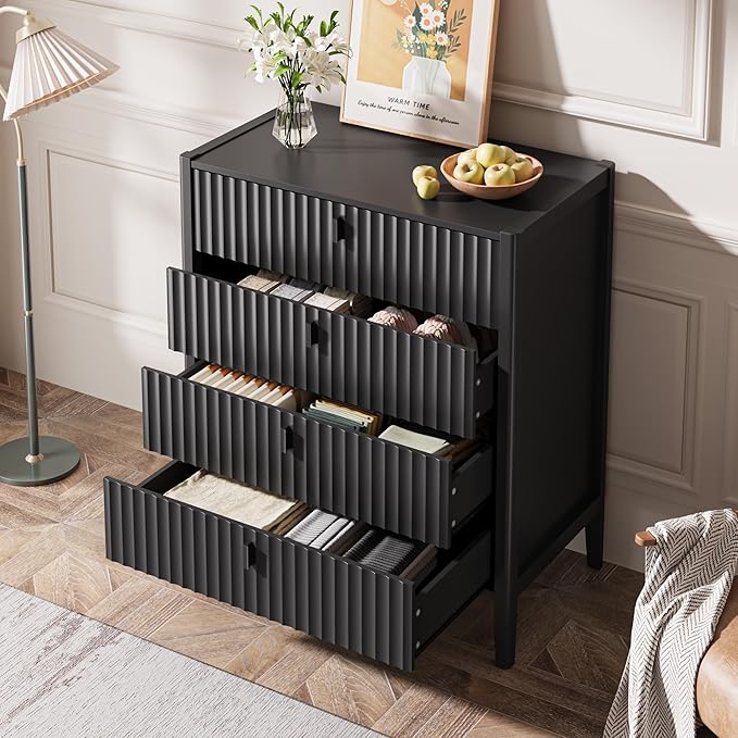 4 Drawer Dresser, Modern Chest of Drawers for Bedroom, Wood Fluted Dresser Organizer with Deep Drawers for Clothes, Nightstand for Bedroom, Hallway, Living Room, Entryway, Black