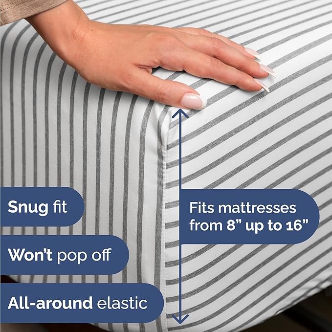 Twin 4 Piece Sheet Set - Cooling, Comfy & Breathable - Hotel Luxury Bedding, Includes Fitted Sheet for Women, Men, Kids & Teens - 1 Flat, 1 Fitted Sheet, 2 Pillowcases w/Deep Pockets - Grey Stripes