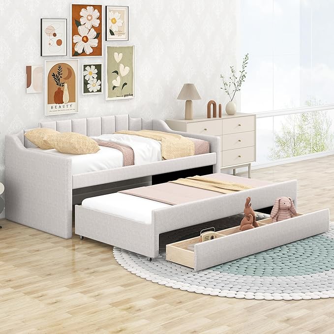 Favfurish Twin Size Upholstered Daybed with Trundle and 3 Lower Drawers,Linen Sofa Bed for Apartment Living Room Guest Room,Solid Wood Day Bed Frame,No Box Spring Needed,Beige