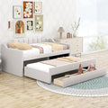 Favfurish Twin Size Upholstered Daybed with Trundle and 3 Lower Drawers,Linen Sofa Bed for Apartment Living Room Guest Room,Solid Wood Day Bed Frame,No Box Spring Needed,Beige