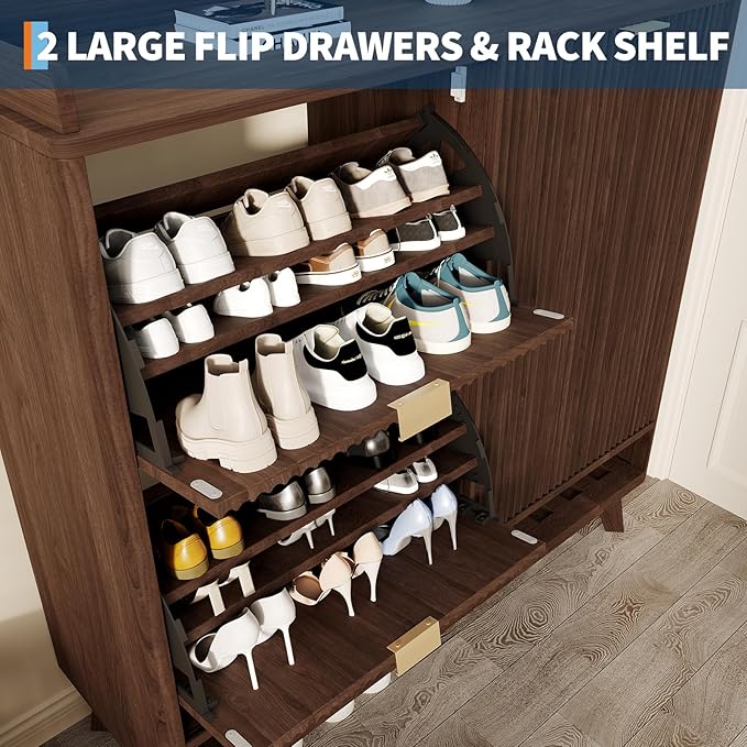 IDEALHOUSE Fluted Shoe Cabinet Storage with 2 Flip Drawers & Sliding Door & Adjustable Shelf Rack，Freestanding Wood Narrow Hidden Shoe Organizer for Entryway, Hallway, Living Room