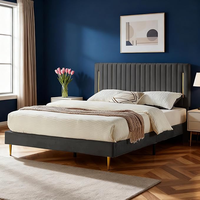 Twin Platform Bed Frame, Velvet Upholstered Bedframe with Vertical Channel Adjustable Headboard, Golden Plating Trim, Mattress Foundation with Wooden Slats, No Box Spring Needed, Grey