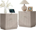 T4TREAM 23'' Fluted Nightstand Set of 2 with Charging Station, Large 2 Drawer Side Table, Modern End Table with Storage, Mid Century Bedside Table for Bedroom, Living Room, Curved Profile, White Alder