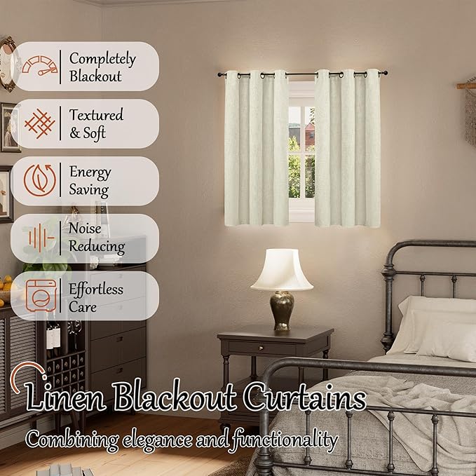 40 Inch Length Linen Blackout Curtains for Short Cafe Window, Thermal Insulated Light Blocking Soundproof Privacy Burlap Curtains 2 Panels, Each 38 Inch Wide Natural