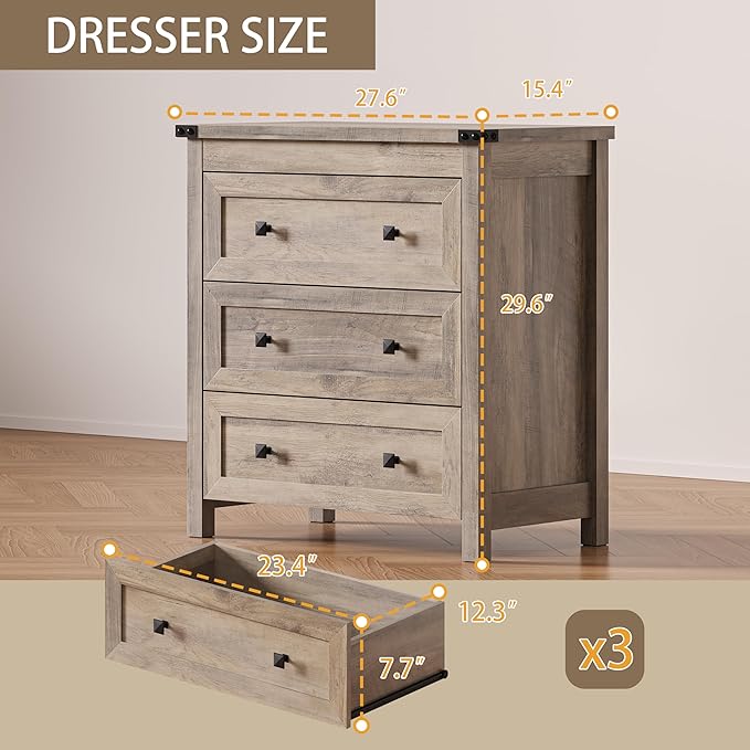 3-Drawer Dresser, Small Wooden Chest of Drawers with Metal Knobs, Water-Resistant Top, Storage Organizer with Anti-Tip Kit for Bedroom, Nursery, Living Room