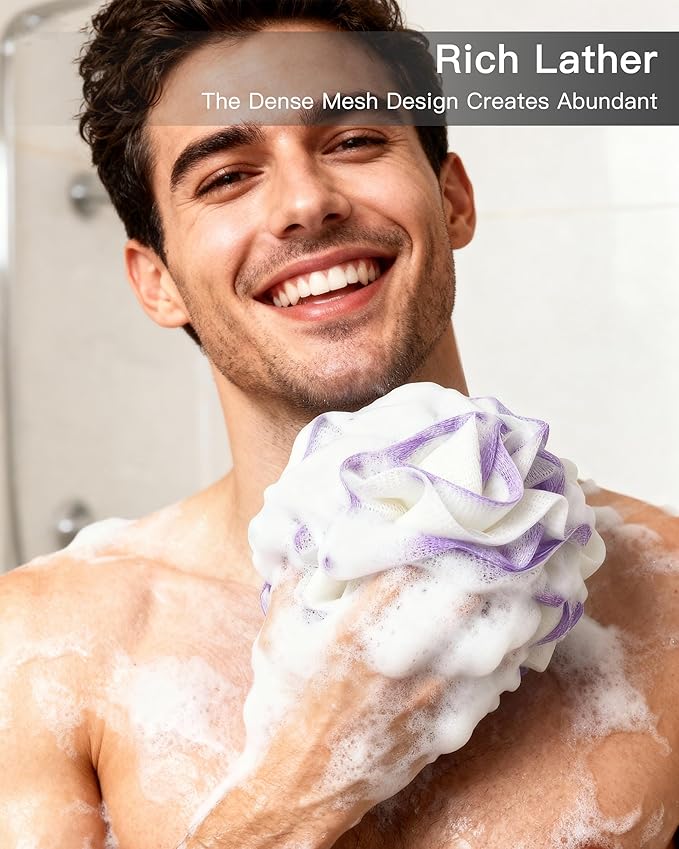 Large Bath Sponge Pouf 70g, 6.3 Inch Exfoliating Shower Loofah, Soft Durable PE Mesh with Reinforced Knotting, Rich Lather Body Wash Scrubber, 4-Pack Elegant Colors Gift Set（B-4Pcak）