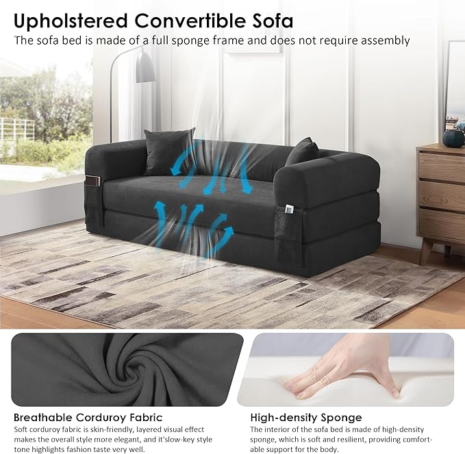 80" Convertible Sofa Bed, 3-in-1 Corduroy Folding Pull Out Couch with Pillows, No Assembly Modern Boneless Couch Compression Sofa in Box, Floor Sofa with Side Storage Pocket for Living Room,Dark Grey
