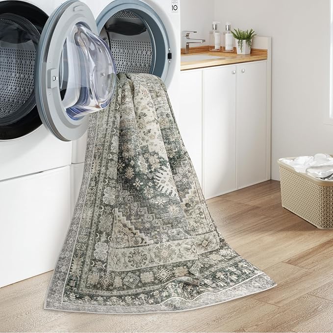 zesthome 8x10 Area Rugs for Living Room,Non-Slip Backing Washable Rugs,Vintage Large Area Rug，Stain Resistant Home Decor Rug (Wheat/Charcoal,8'x10')