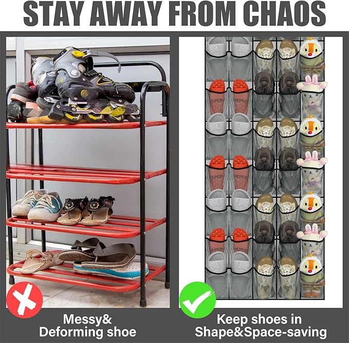 Windyun Over the Door Shoe Organizer with 40 Large Breathable Mesh Pocket, Space Saving Hanging Shoe Rack Hanger Gray Behind the Door Storage Holder for Entryway Closet Bedroom Utility Room Women Men