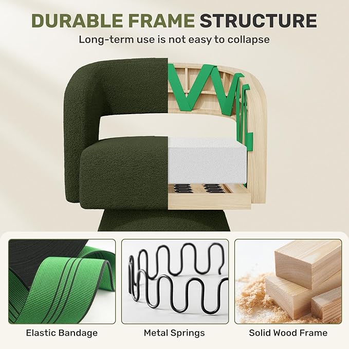 Swivel Accent Chair, Modern Comfy Teddy Barrel Chairs, Oversized Upholstered Round Arm Chair for Living Room, Bedroom, Reading Room, Green, 1 PCS