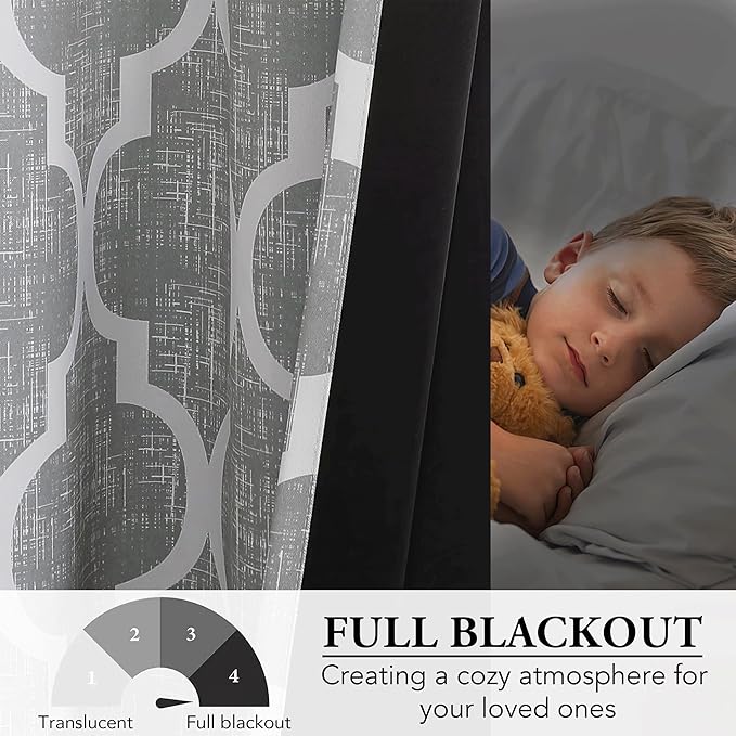 Beauoop 100% Blackout Curtains 96 Inches Long 2 Panels for Bedroom Living Room Grey Moroccan Geo Room Darkening Thermal Insulated Soundproof Grommet Top Window Treatments Drapes, 50x96 Set of 2
