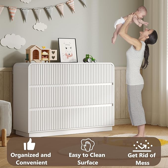 Dresser for Bedroom with 6 Drawers, Fluted Chest of Drawers with Round Curved Corner, Hidden Handles, Modern Wood Storage Organizer for Bedroom, Nursery, Living Room