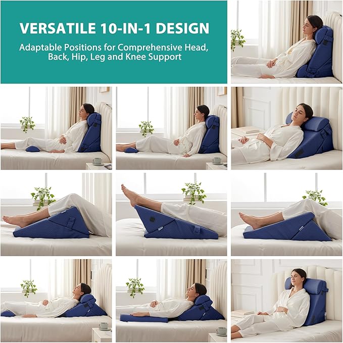 Bedluxe Adjustable 4pcs Bed Wedge Pillow Set, Memory Foam Wedges Pillow Post Surgery for Back, Neck, Leg Pain Relief, Pillows Wedge for Sleeping, Sitting up in Bed, Acid Reflux and GERD, Navy Blue