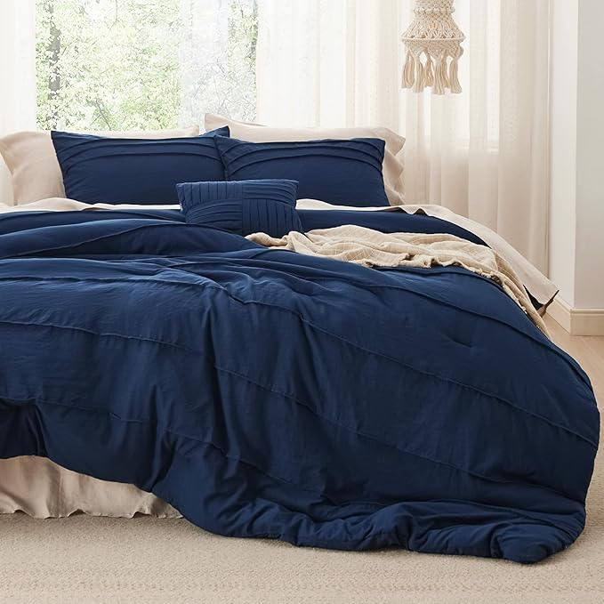 Bedsure King Comforter Set - 4 Pieces Pinch Pleat Bed Set, Navy Blue Boho Bedding for All Season, 1 Soft Comforter, 2 Pillowcases, 1 Decorative Pillow