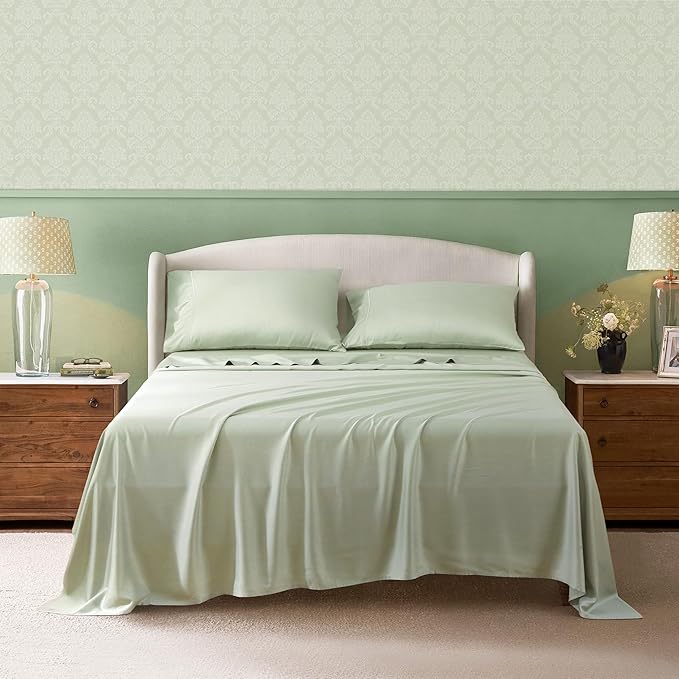 Linen World Cooling Bed Sheets Set King Size,100% Organically Grown Viscose Sheets,Deep Pocket Up to 16",4 Pieces Silky Soft,Breathable Bedding Sheets & Pillowcases(Sage Green,King)