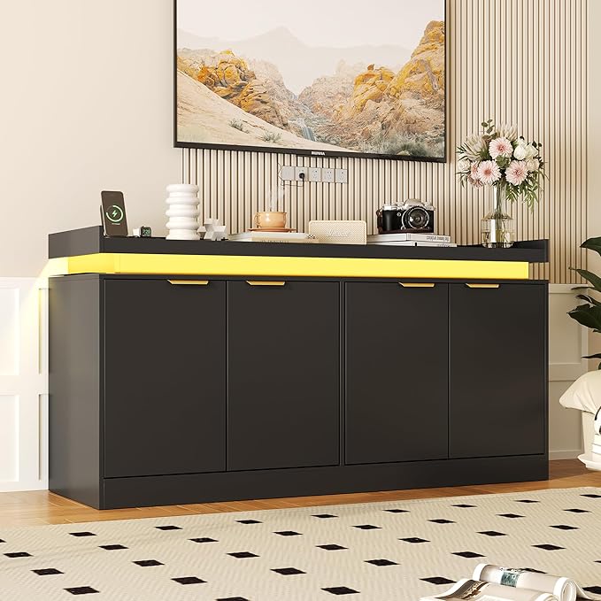 LED Sideboard Buffet Cabinet with Storage, 63'' Large Kitchen Buffet Cabinet Storage Cabinets with 4 Doors, Wood Coffee Bar Cabinets Buffet Table for Kitchen, Dining Room, Entryway