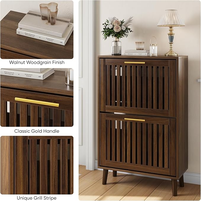 Shoe Cabinet with 2 Flip Slatted Drawers, Farmhouse Slim Shoe Organizer Rack with Golden Handles, Freestanding Hidden Entryway Storage for Hallway, Walnut