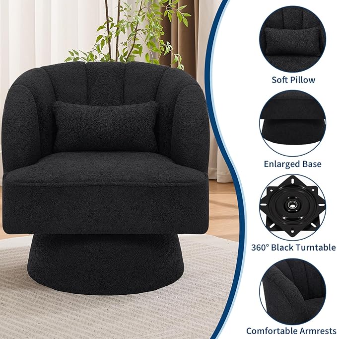 GarveeHome Modern Swivel Barrel Accent Chair, 360° Teddy Fabric Upholstered Armchair with Striped Backrest & Plush Padding, Comfy Round Lounge Chair for Living Room, Bedroom, Reading Nook, Black 2 PCS