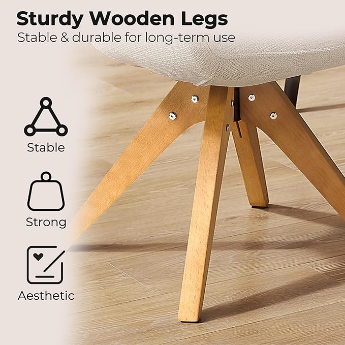 Zouron Accent Chair with Wooden Legs, Swivel Desk Chairs No Wheels, Upholstered Armchair Vanity Chair for Small Space Home Office Living Room Bedroom, Beige and Natural Wood