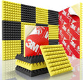 Sonicism Acoustic Panels Self-Adhesive Pyramid 12 Pack,12" X 12" X 1" Sound Proof Foam Panels for walls,35kg/m³High Density Soundproof Wall Panels Fast Expand,Sound Absorption&Decoration(Black/Yellow)