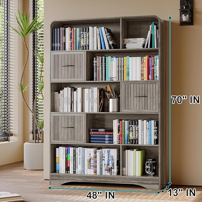 5 Piece Bedroom Sets, Modern Dresser and Nightstand Sets & Bookshelf with Safe Curved Design, Including Tall Bookshelf High & Wide 6 Drawer Dressers and Night Stand Set of 2 for Bedroom, Grey