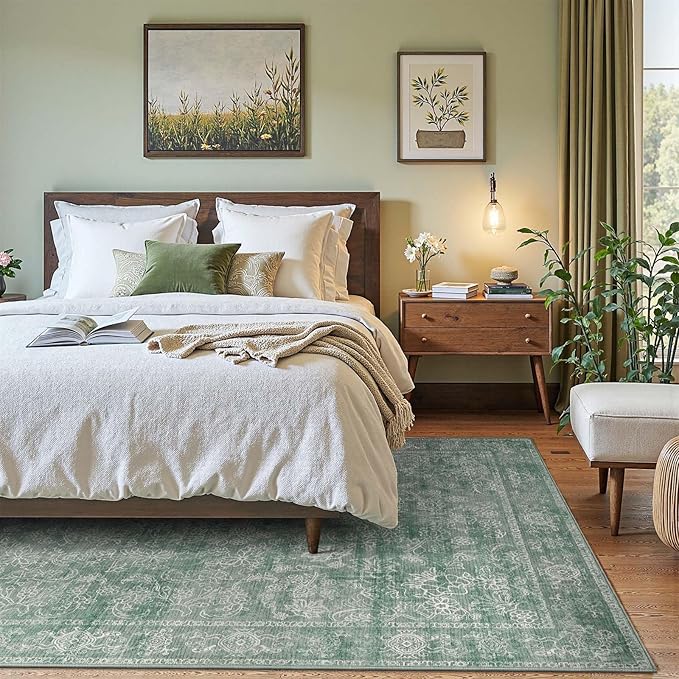 jinchan 6x9 Machine Washable Area Rugs for Living Room – Vintage Floral Soft Stain Resistant Low Pile Rug, Non Slip Ultra-Thin Carpet for Bedroom, Dining Room, Home Office, Nursery (6'x9', Green)