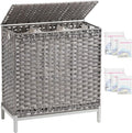 Laundry Hamper with Lid 132 L, (35 Gallons) Clothes Hamper with Lid, Handwoven Rattan Laundry Hamper with Metal Heightened Feet, Laundry Hampers with 3 Removable Liner Bags for Laundry-Gray