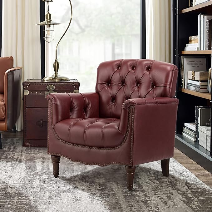 HULALA HOME Mid Century Modern Leather Club Chairs, Top-Grain Genuine Leather Armchairs with Button-Tufted Back & Solid Wood Legs, Accent Chairs for Living Room/Bedroom/Home Office, Burgundy