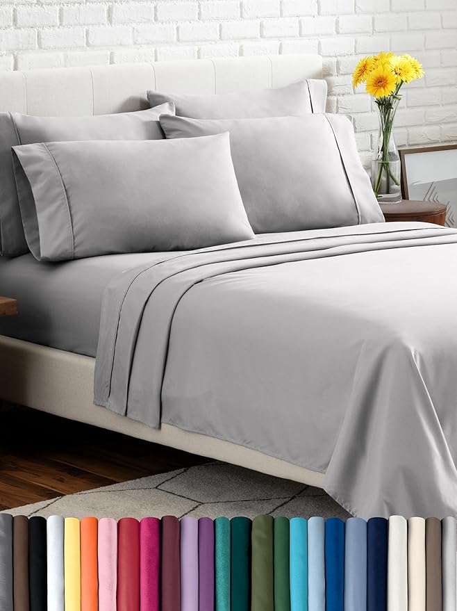 Bare Home Hotel Luxury Split King Sheet Set, Extra Soft, 7 Piece Set, Deep Pockets, Easy Fit, Cooling & Breathable, Wrinkle, Fade, Stain Resistant, Set Includes 4 Pillowcases (Split King, Light Grey)