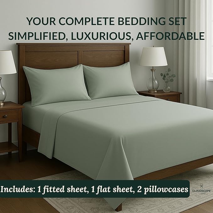 Cloud Scape Linen 100% Egyptian Cotton Sheets for Queen Size Bed, 400 Thread Count, 4 Pieces Bedding Set, Hotel Quality, Silky Soft, Deep Pockets up to 17”, Mineral