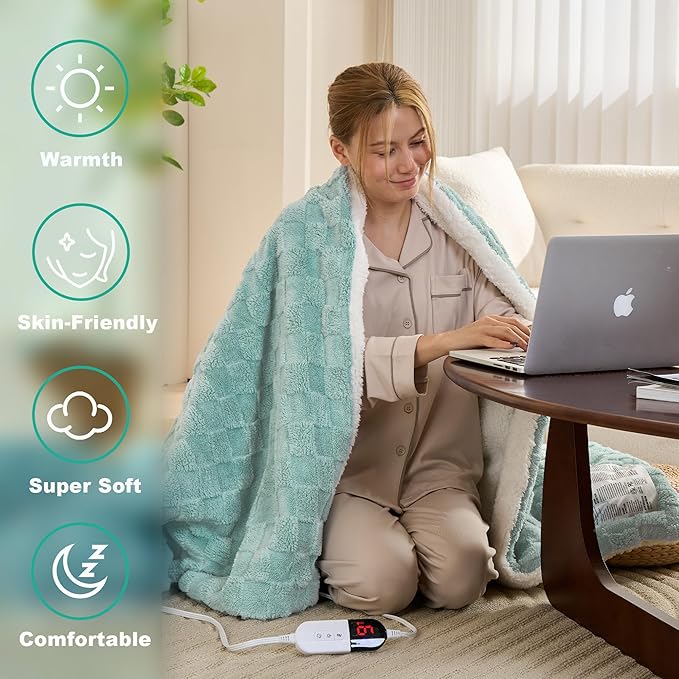 Electric Blanket Throw - Soft Checked Flannel with 6 Heating Levels, 4 Hours Auto-Off, Fast Heating, ETL & FCC Certified, Overheating Protection, Cozy Heated Blanket Throw (Green, 50"X60")