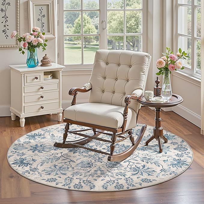 jinchan Torino Classic Floral Round Rug 5ft, Vintage-Inspired Design 5’Circle Rug, Machine Washable Ultra-Thin Low-Pile Non-Slip Indoor Carpet for Bedroom Dining Room Living Room Entryway, Dark Blue