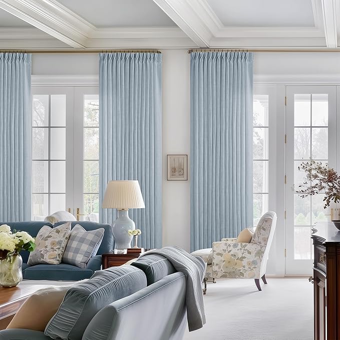 Dusty Blue Pleated Linen Curtains 96 Inches Long for Living Room 2 Panel Set Semi Sheer Light Filtering Pinch Pleat with Rings Hooks Drapes Boho Farmhouse Light Blue Grey Curtain Bedroom Window