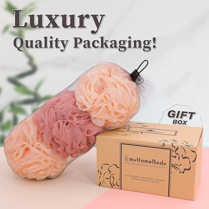 myHomeBody 60g Loofah Sponge, Body Scrubber, Bath Sponge, Loofah for Women, Men, Exfoliating Sponge Shower Pouf with Activated Charcoal - 2 Peach + 1 Coral Red, 3 Pack