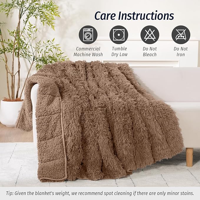 Wemore Shaggy Long Fur Faux Fur Weighted Blanket,Cozy and Fluffy Plush Sherpa Long Hair Blanket for Adult 15lbs,Fluffy Fuzzy Sherpa Reverse Heavy Blanket for Bed,Couch, Brown 48 x 72 Inches