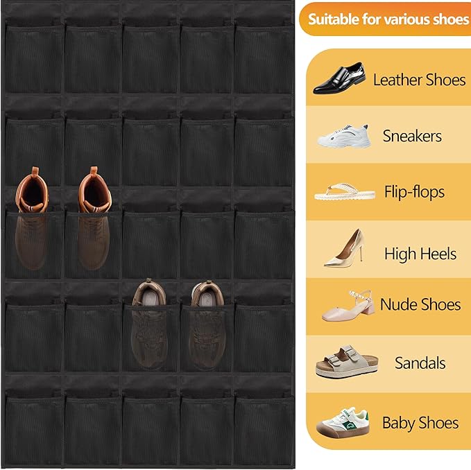 Over The Door Shoe Organizer, 40 Large Mesh Pockets Hanging Shoe Rack Organizer for Closet Behind The Door Storage Holder for Entryway Bedroom Dorm Black
