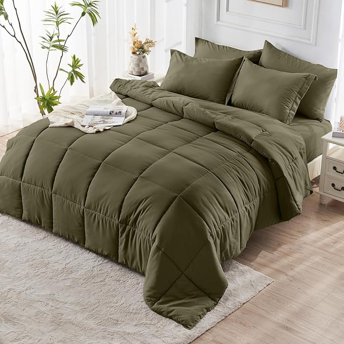 JOLLYVOGUE California King Comforter Set, Ultra-Soft Bed in a Bag Cal King Size 7 Pieces, Oeko-TEX Certified Bedding Set with Down Alternative Comforter, Sheets, Pillowcases & Shams, Olive Green