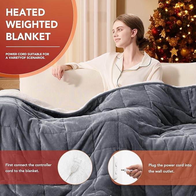 Homemate Heated Weighted Blanket for Adults - 72"x84" 20lbs Electric Throw Fast Heating Heavy Blanket 1/2/4/6/8 Hour Auto Off 10 Heat Levels Over-Heat Protection Soft Flannel Sherpa