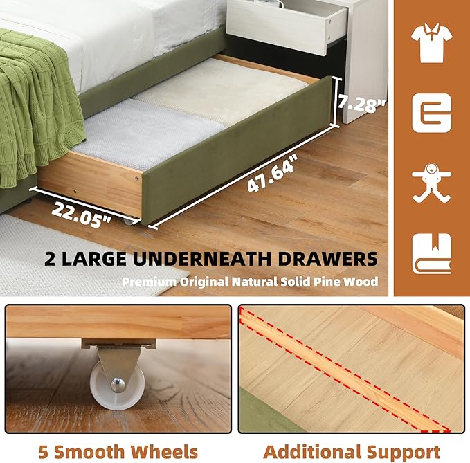 Queen Bed Frame with Storage & Built-in Nightstands, Velvet Upholstered Platform Bed Frame with Drawers & 2 Floating Storage Shelves, Noise-Free, No Box Spring Needed, Easy Assembly, Green