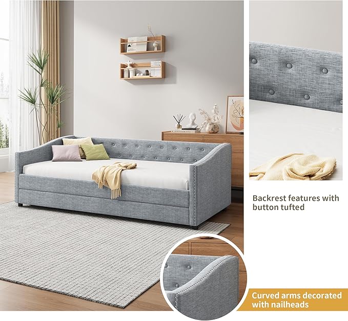 Favfurish Twin Size Daybed with Trundle Upholstered Day Bed Frame with Button Tufted Backrest and Nailhead Decorated Armrest for Living Room Bedroom,No Box Spring Needed,Light Grey