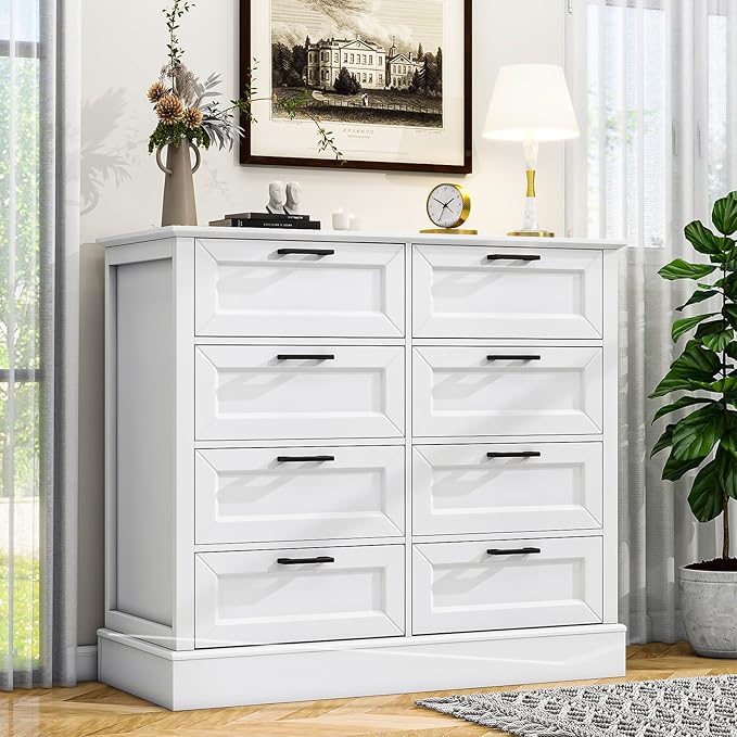 Odeekea White Dresser for Bedroom, Wood Dresser with 8 Drawers, Chest of Drawer for Bedroom Living Room Entryway Hallway, Modern Farmhouse Style