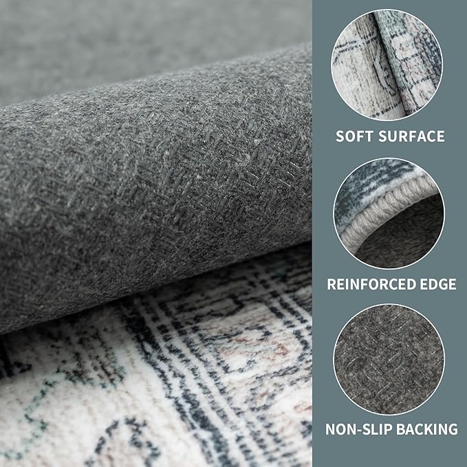 4x6 Vintage Washable Area Rug for Living Room,Low Pile Non Slip Carpet Non-Shedding Small Area Rug Soft Indoor Stain Resistant Rug Boho Print Mat for Bedroom Dining Room Blue Beige Multi