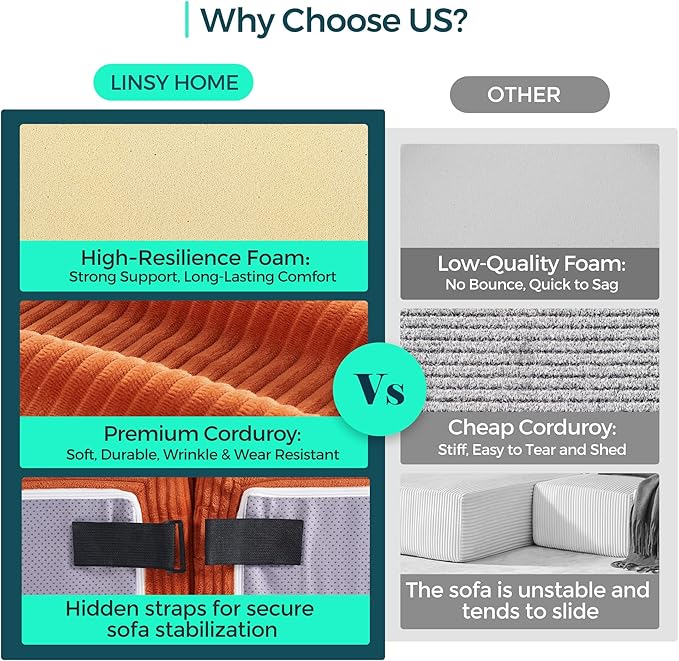 LINSY HOME Convertible Sofa Bed with 2 Pillows & Ottoman, Boneless Couch Folding Modular Sectional Sleeper Sofa, L Shaped Sofas Corduroy Couch Bed Compression Sofa for Living Room Apartment, Orange
