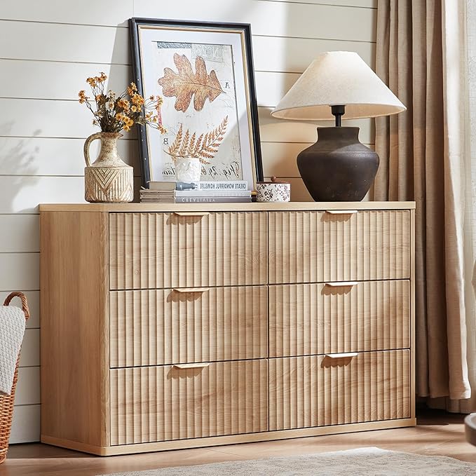 LEYAOYAO Fluted Dresser and 3 Drawers Nightstand Set of 2, Wood 48" Wide Dresser & 23" Night Stand with Charging Station, 3 Piece Bedroom Furniture Set, Chest of Drawers for Home,Living Room,Wood